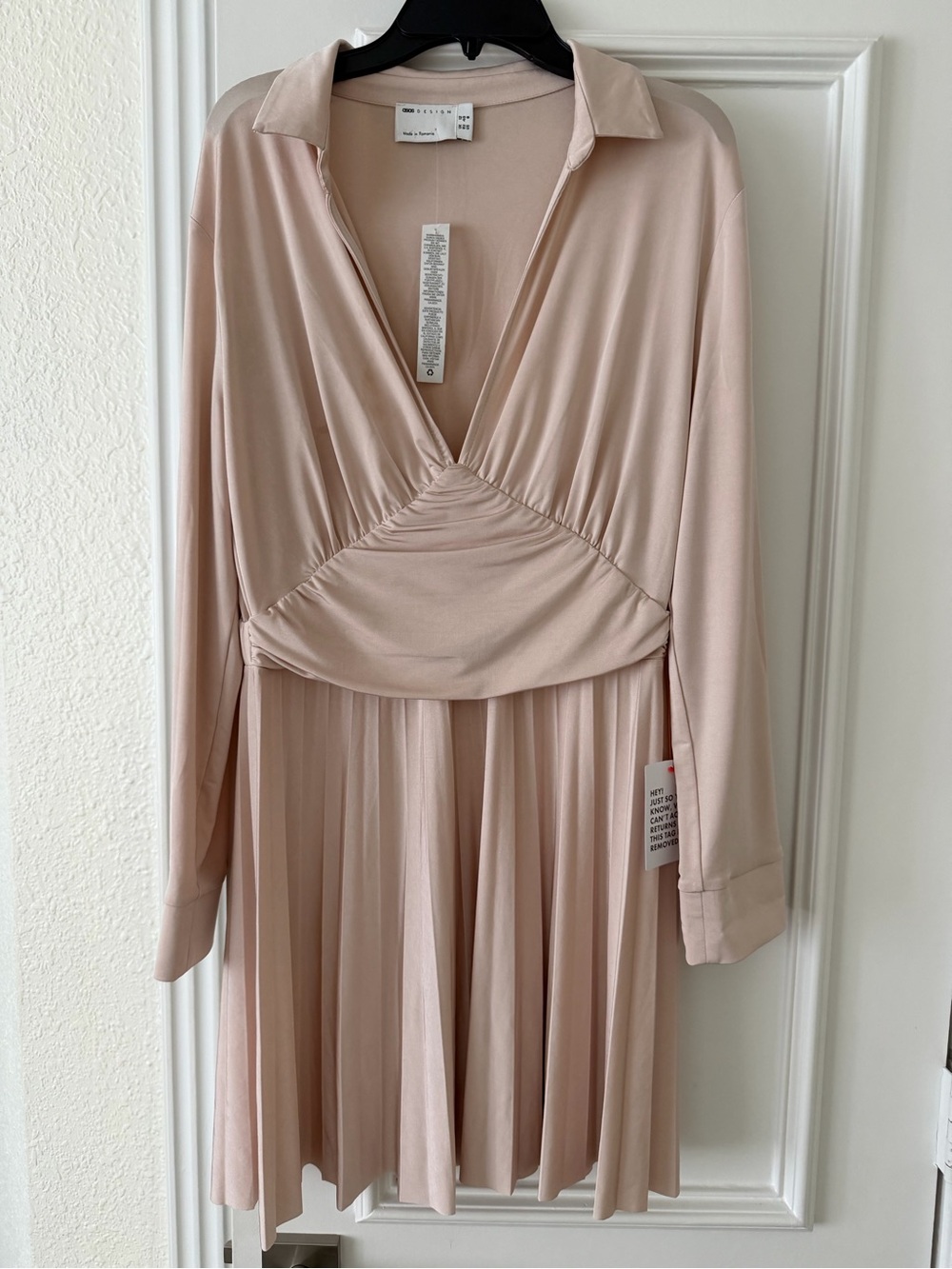 Soft Blush Long-Sleeve Pleated Skirt Dress